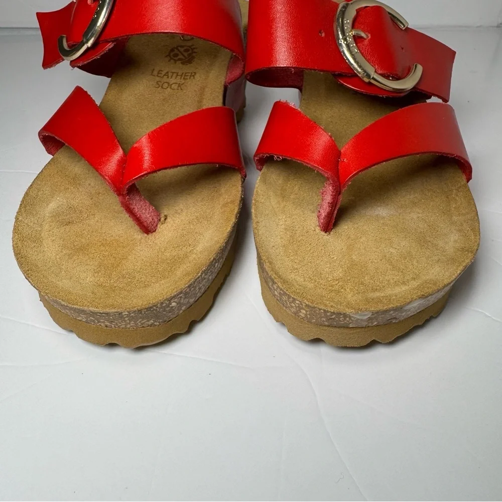 Yokono Red Leather Wedge Sandals Size 38 7 Buckle Strap Cork Platform Spain